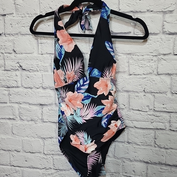 DKNY Women's Small One Tummy Control Swimsuit Black Floral Print Halter - Picture 2 of 8